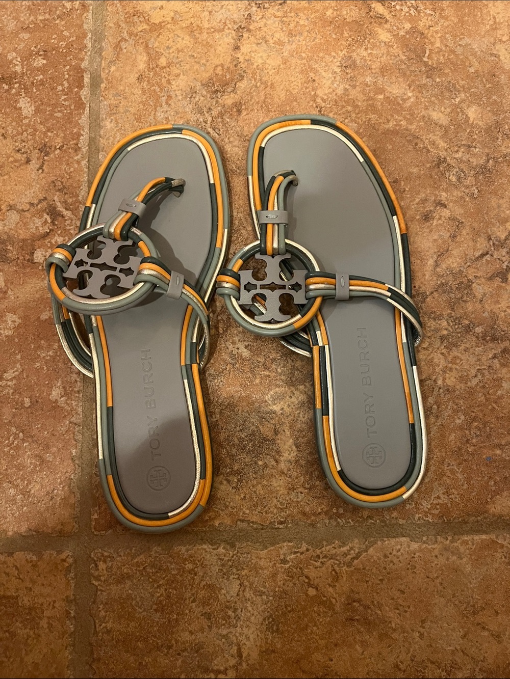 Tory Burch Gray, Orange and Cream Miller Logo Slide Sandals